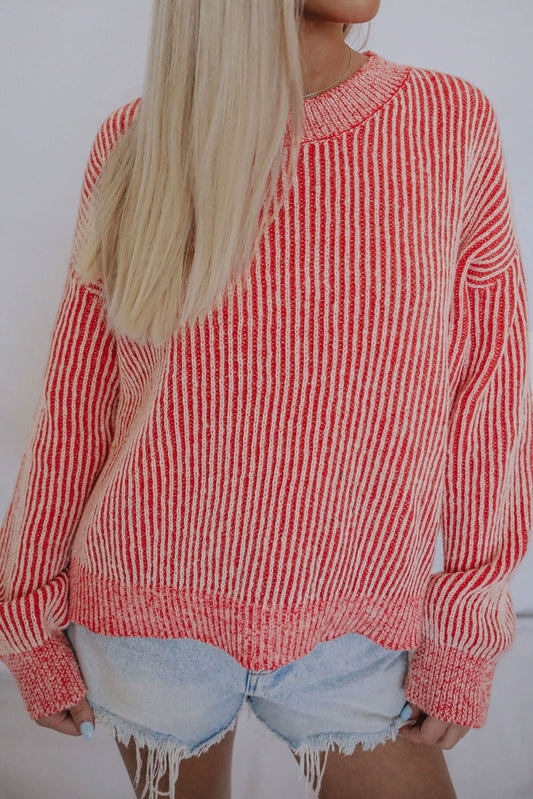 Red Casual Stripe Print Round Neck Sweater