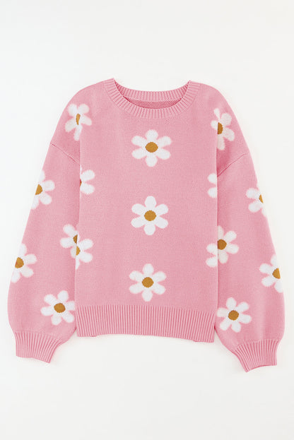 Pink Floral Pattern Drop Shoulder Pullover Knit Sweater