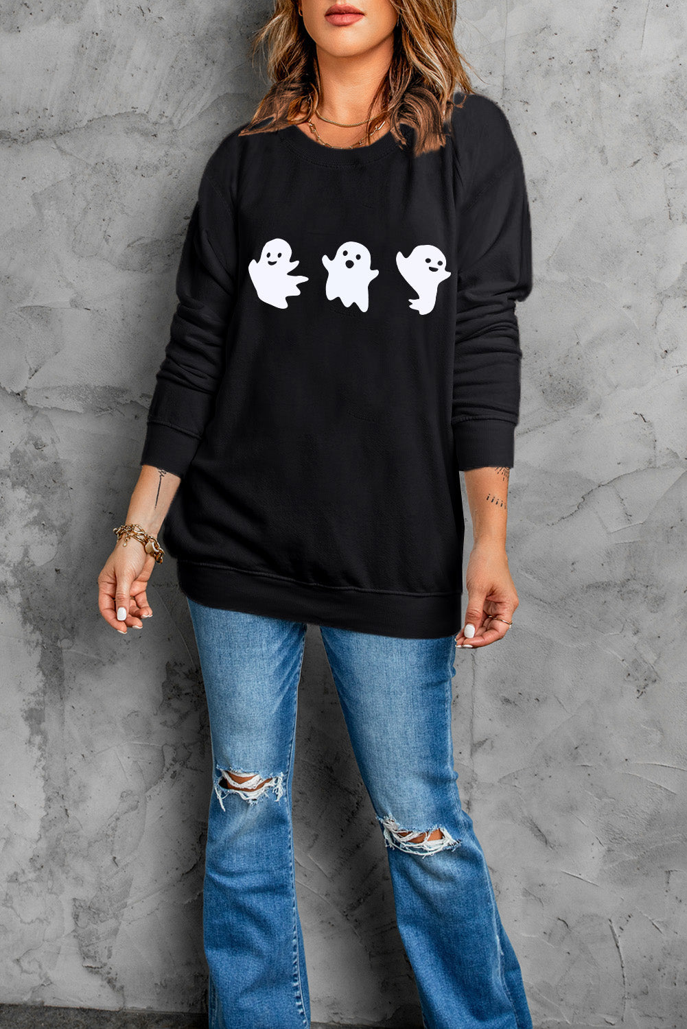 Black Halloween Ghost Print Round Neck Sweatshirt