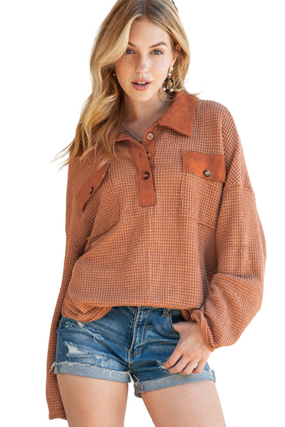 Brown Waffle Knit Button Contrast Trim Long Sleeve Top