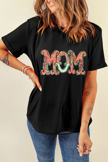 Black Floral MOM Graphic Crew Neck T Shirt