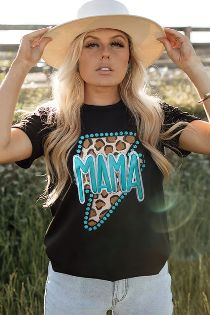 Black Casual MAMA Leopard Lightening Graphic Tee