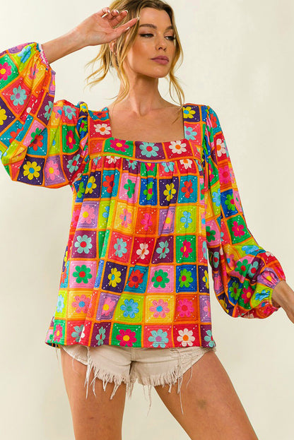 Multicolor Flower Pattern Lantern Sleeve Square Neck Top