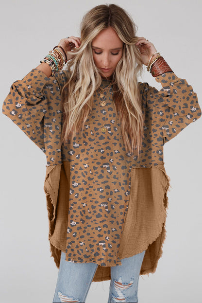 Gray Raw Edge Leopard Patchwork Oversized Blouse