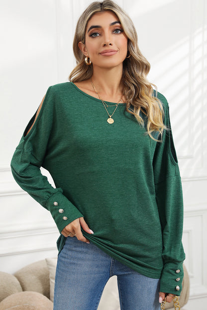 Green Boat Neck Asymmetric Cutout Long Sleeve Top