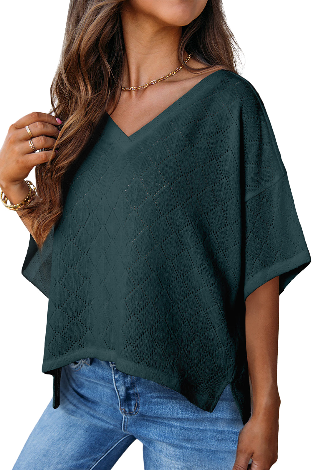 Blackish Green V Neck Knitted Flowy Blouse