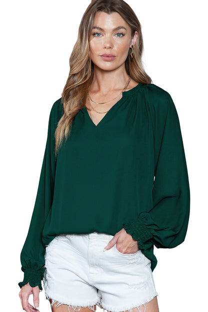 Rose Pleated V Neck Puffy Sleeve Blouse