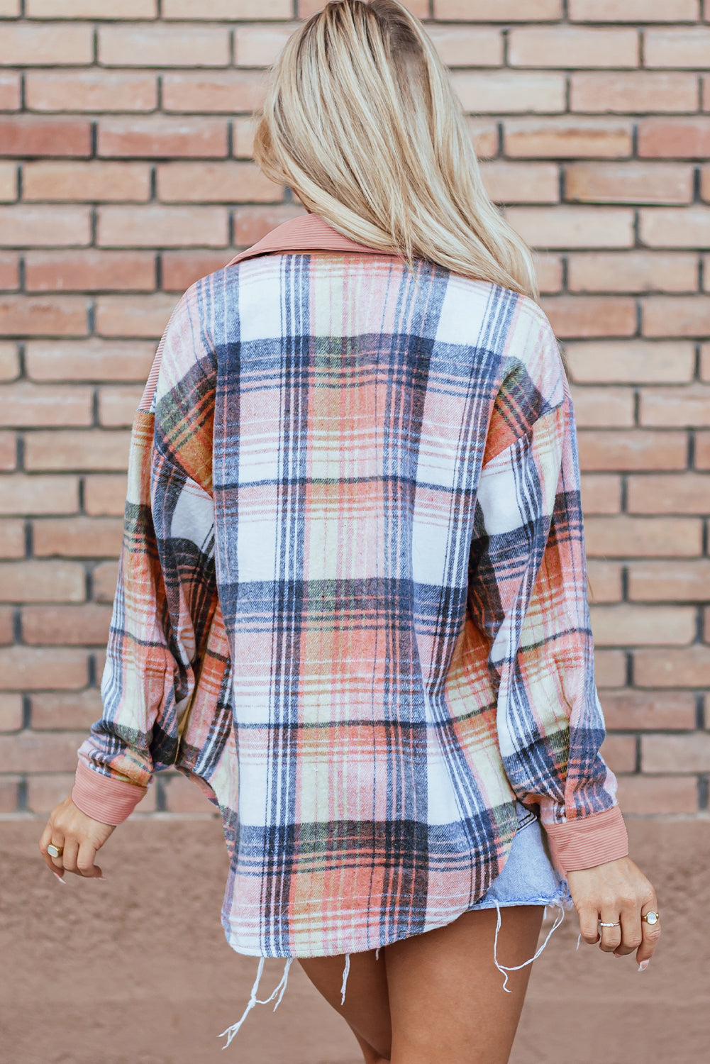 Cinnamon Plaid Corduroy Patchwork Pocket Loose Shacket