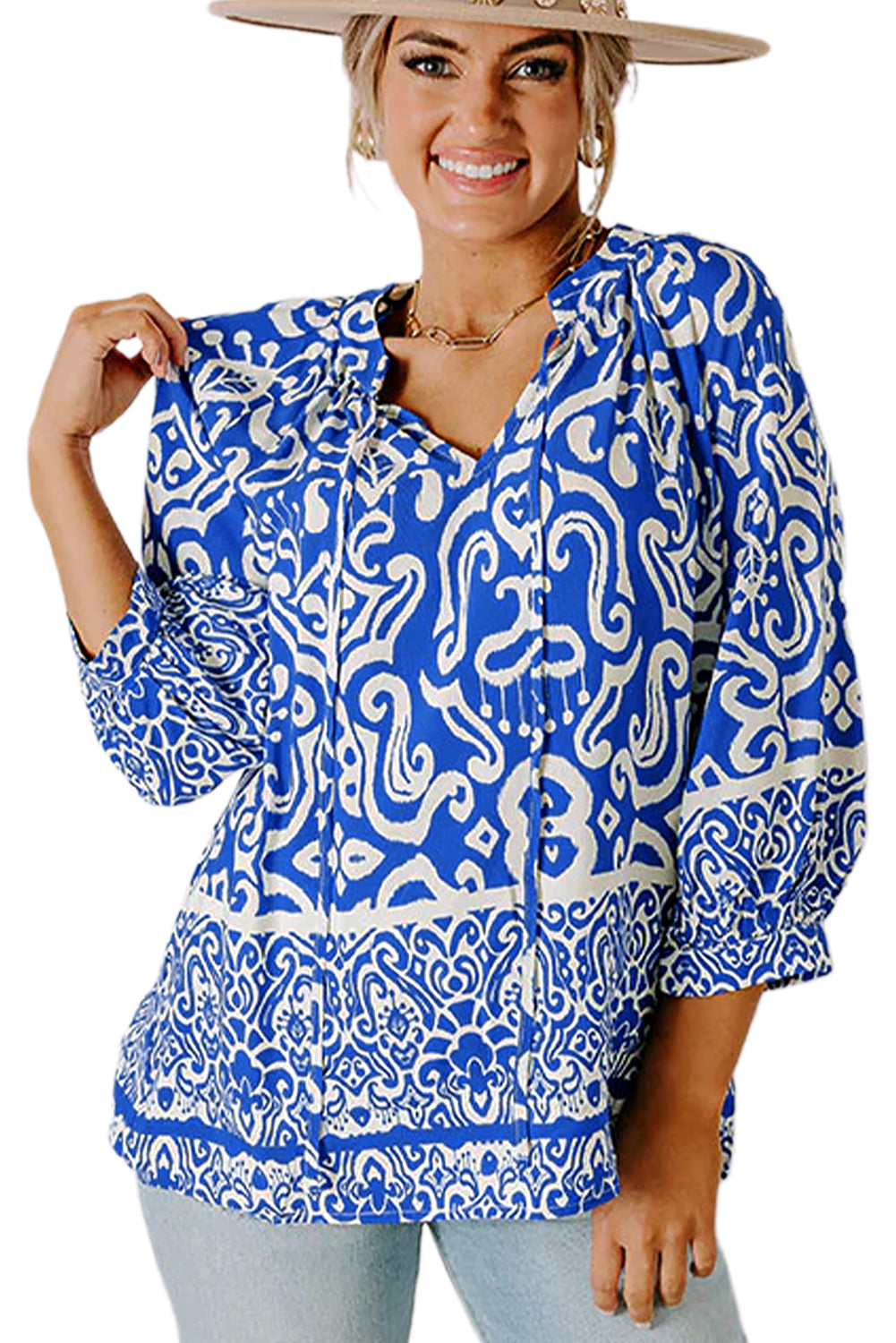 Blue Boho Abstract Print 3/4 Sleeve Tie Neck Blouse