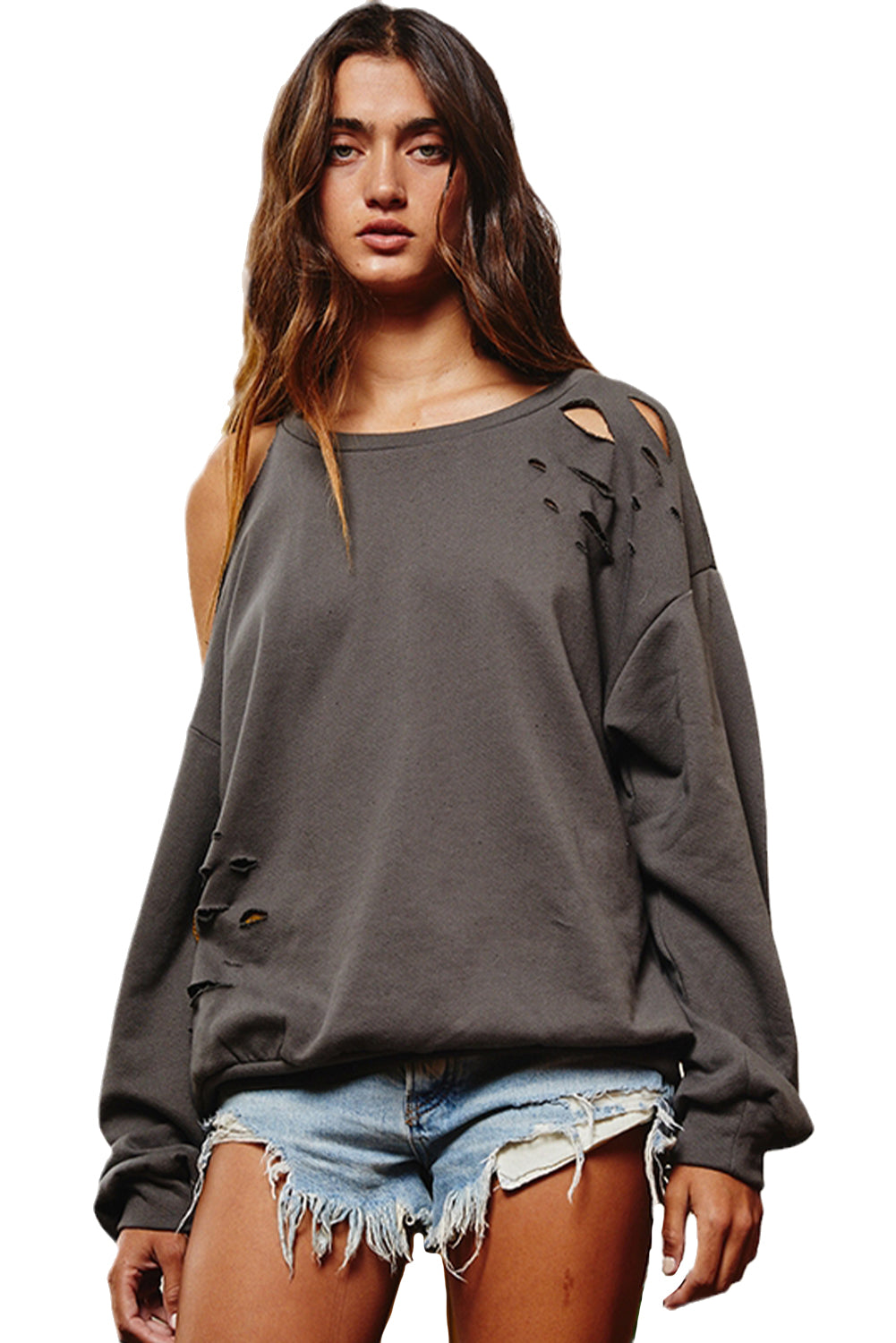 Grey Ripped Cold Shoulder Drop Sleeve Top