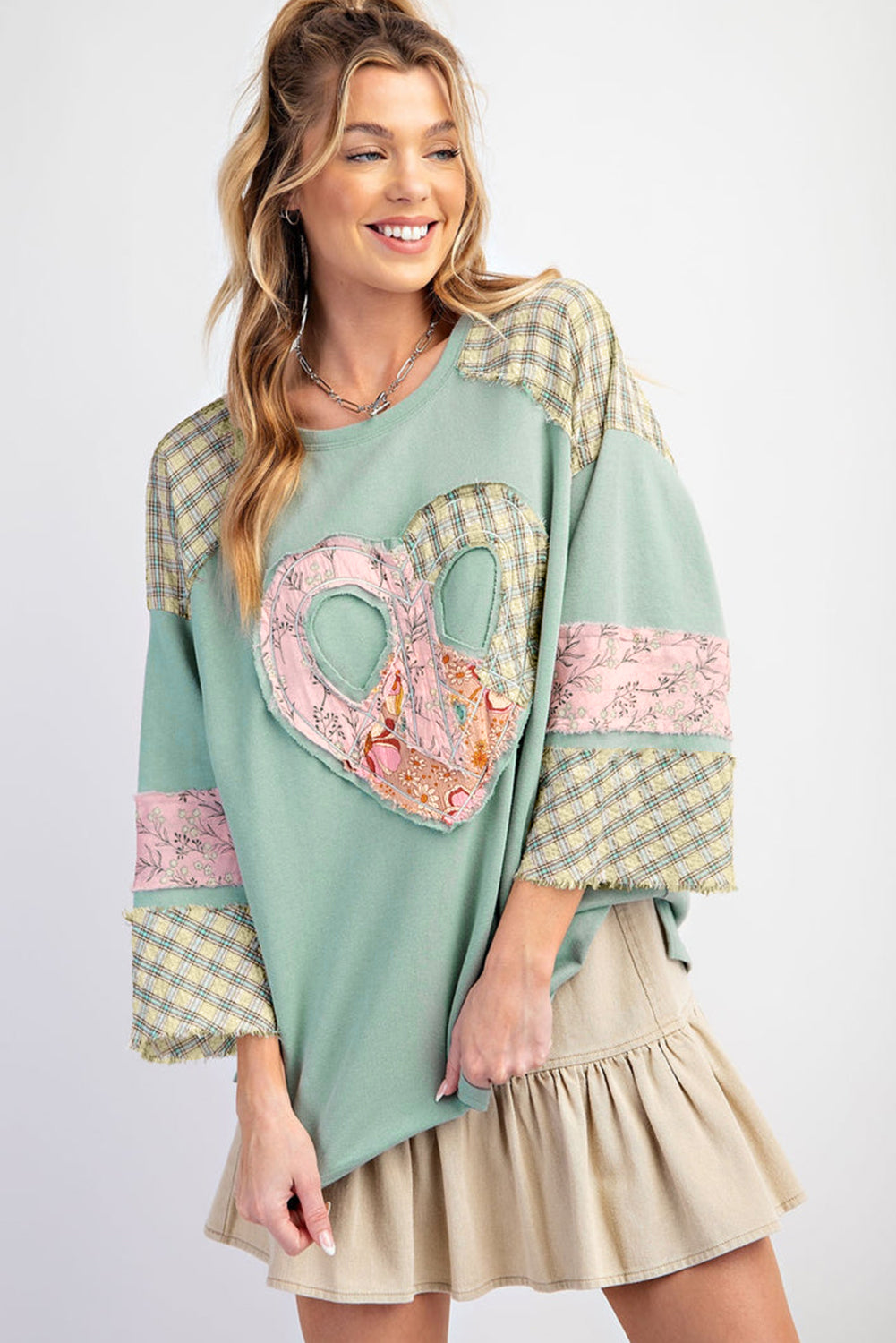 Aqua Plaid Floral Patchwork Heart Long Sleeve Top