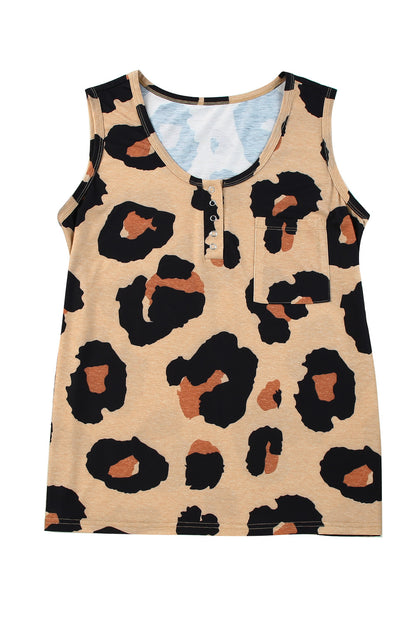 Cheetah Button Neck Casual Chest Pocket Tank Top