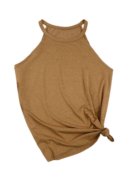 Brown Solid Color Crew Neck Tank Top