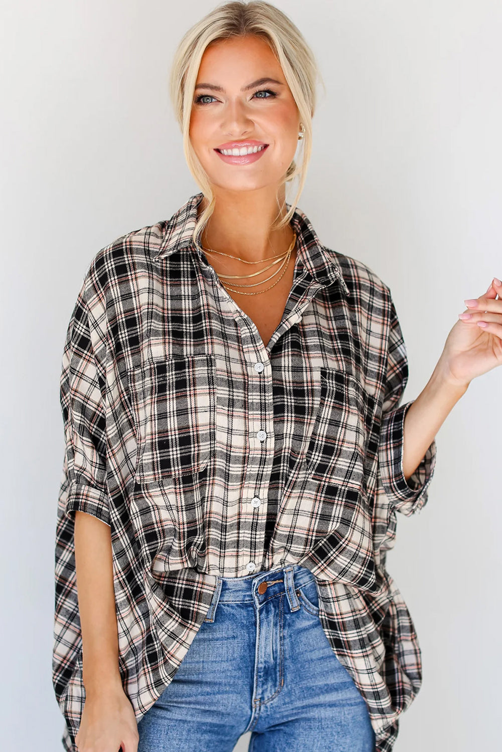 Black Plaid Batwing Sleeve Button Up Shirt