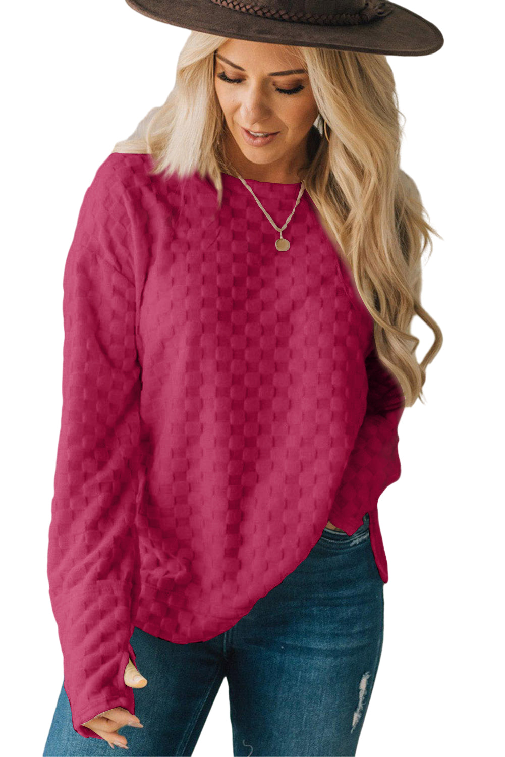 Rose Red Checkered Furry Thumbhole Long Sleeve Top