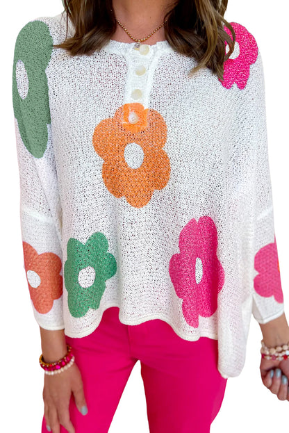 White 60s Flower Print Drop Sleeve Henley Sweater