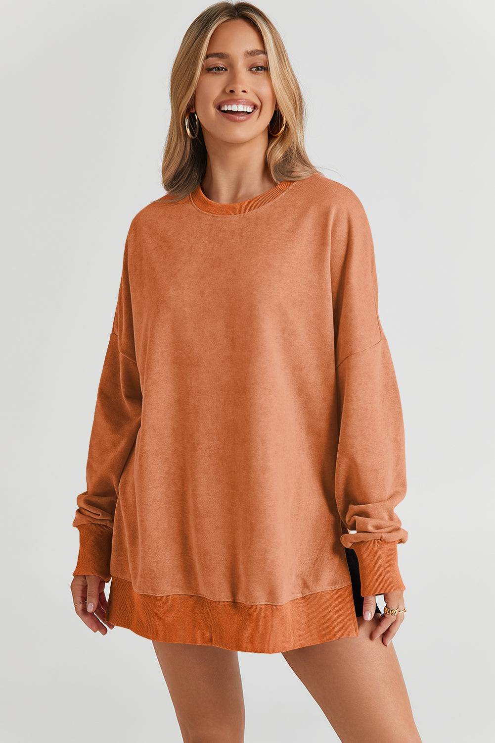 Pink Plain Drop Shoulder Trim Oversized Sweatshirt