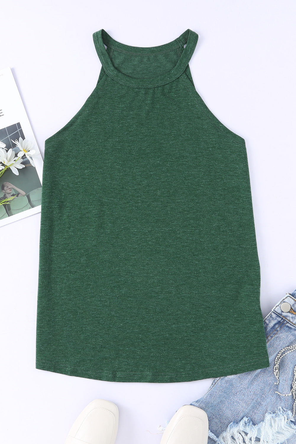 Brown Solid Color Crew Neck Tank Top