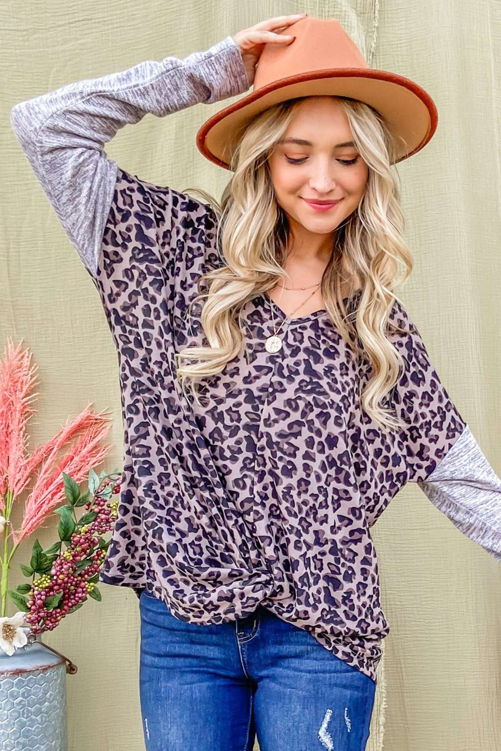 Leopard Print V Neck Drop Shoulder Long Sleeve Top