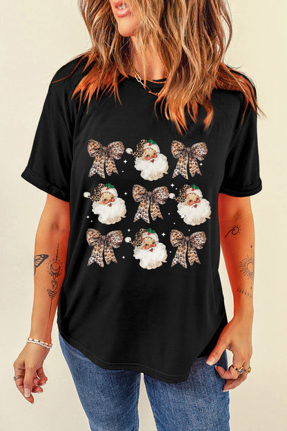 White Santa Claus Leopard Bow Print Crew Neck Graphic T Shirt