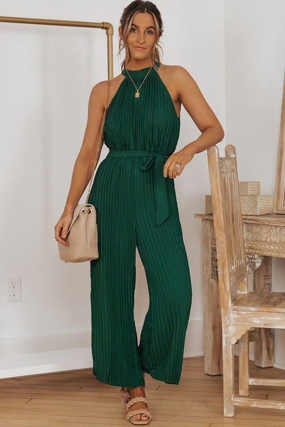 Black Elegant Halter Neck Belted Wide Leg Jumpsuit