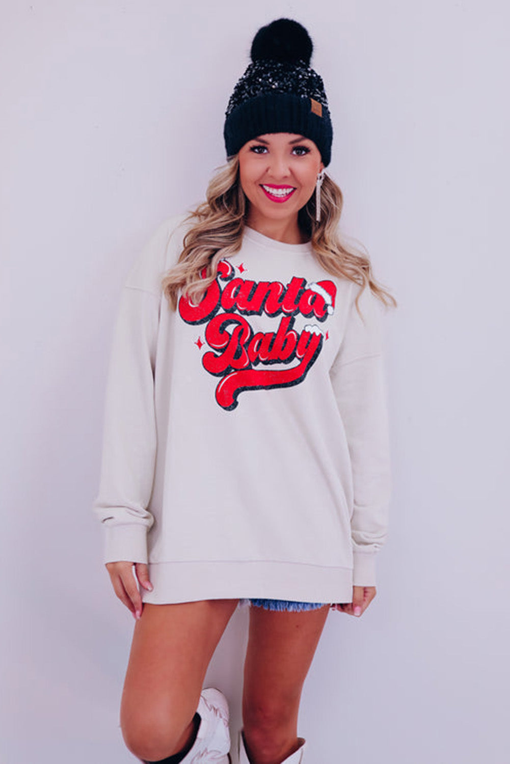 White Santa Baby Graphic Pullover Sweatshirt