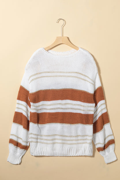 Black Stripe Striped Knit Puff Sleeve Casual Sweater