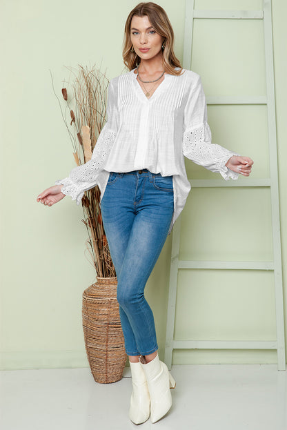 White Casual Eyelet Button Up Blouse for Women