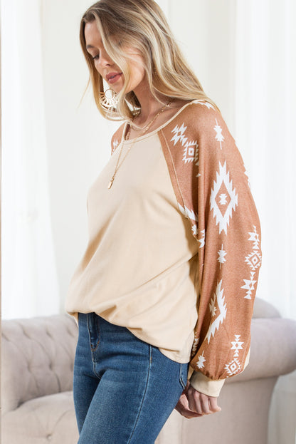 Apricot Casual Ethnic Print Patch Long Sleeve Top