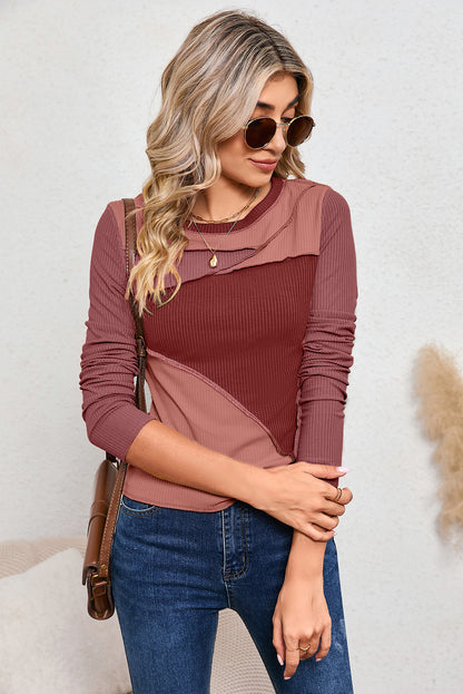 Brown Expose Seam Color Block Ribbed Knit Top