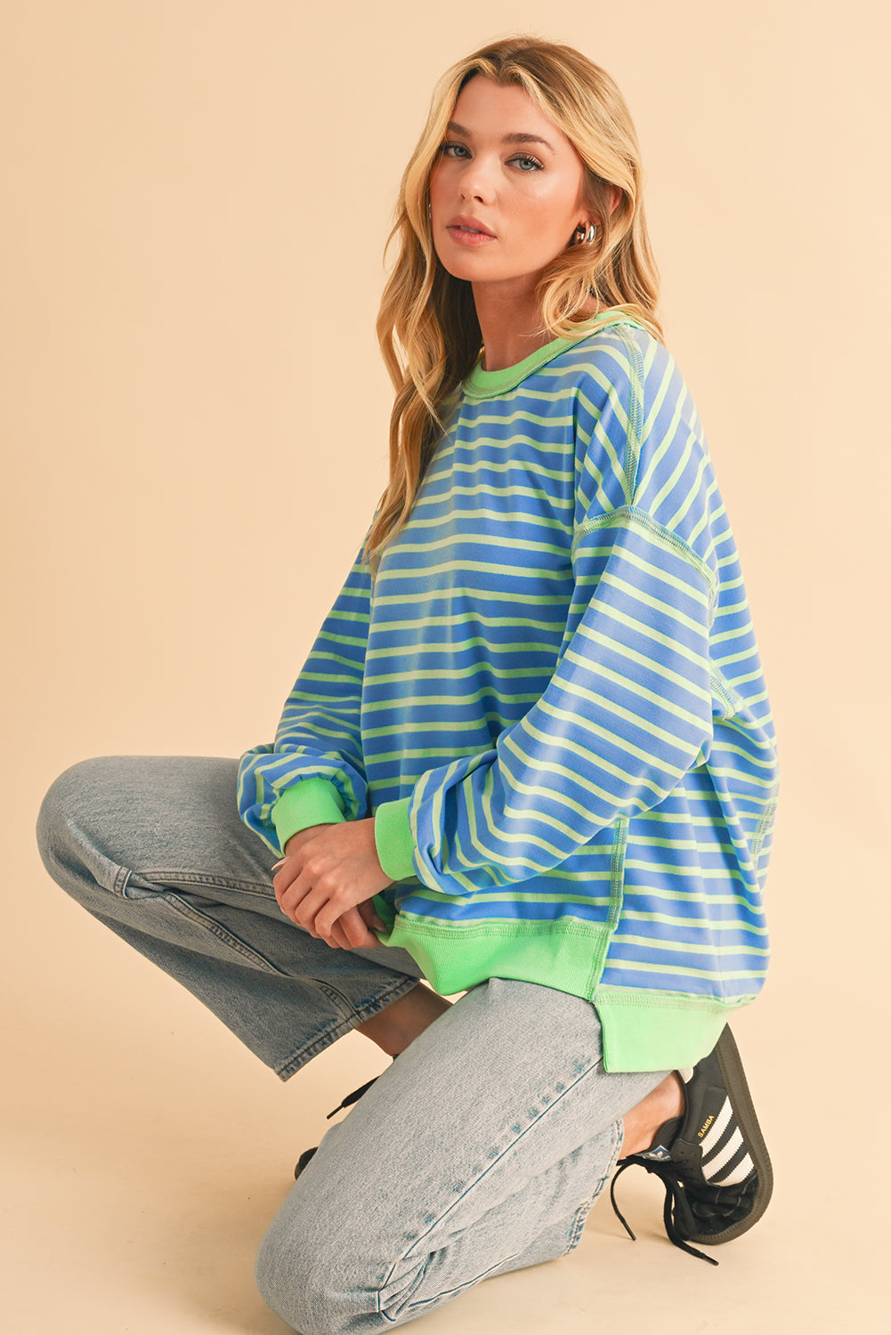 Sky Blue Stripe Contrast Trim High Low Tunic Sweatshirt