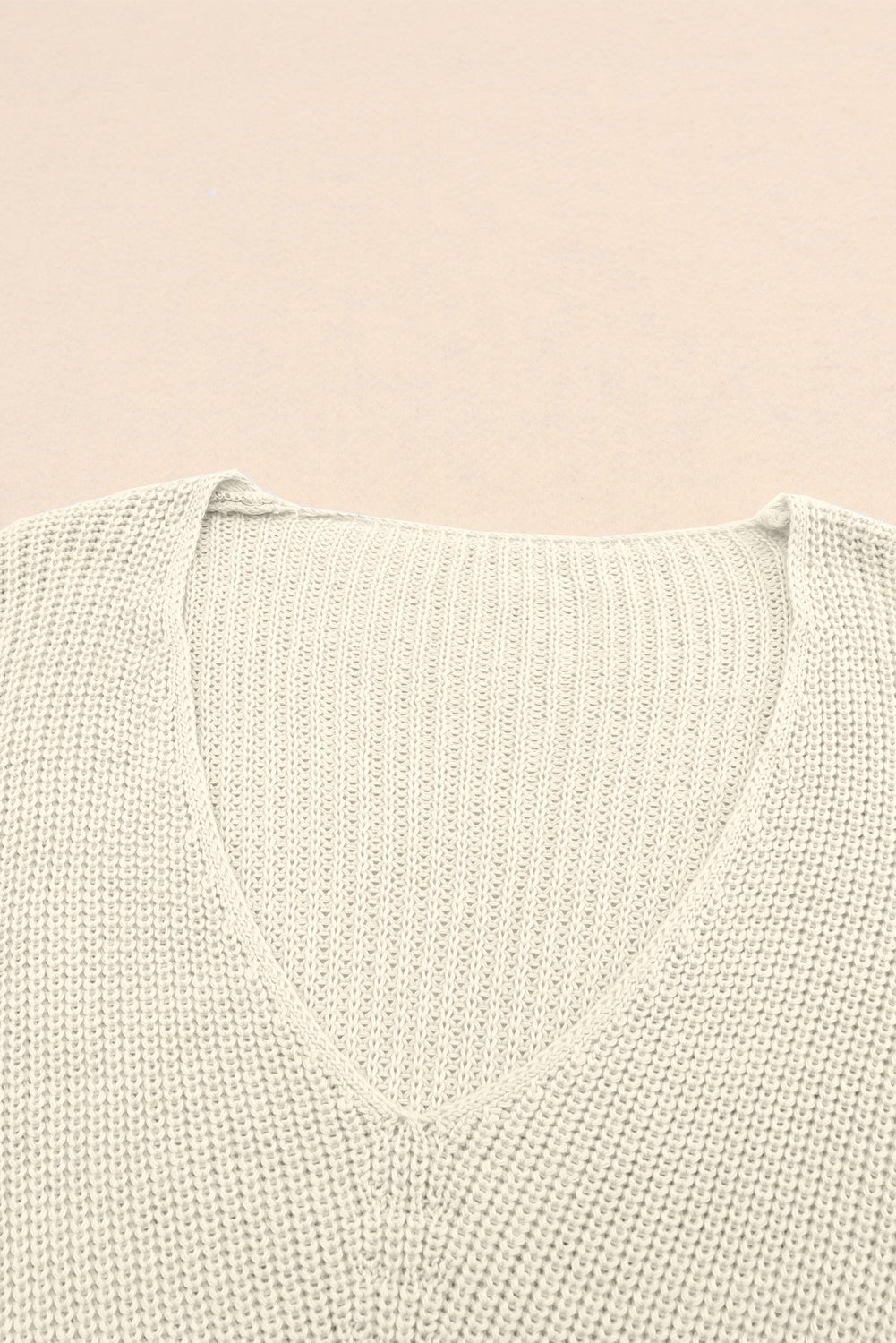 Beige Basic Ribbed Knit V Neck Sweater