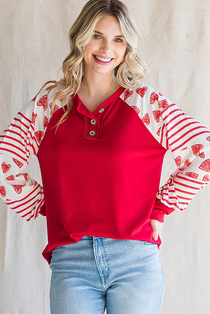 Fiery Red Heart Striped Raglan Sleeve Henley Top