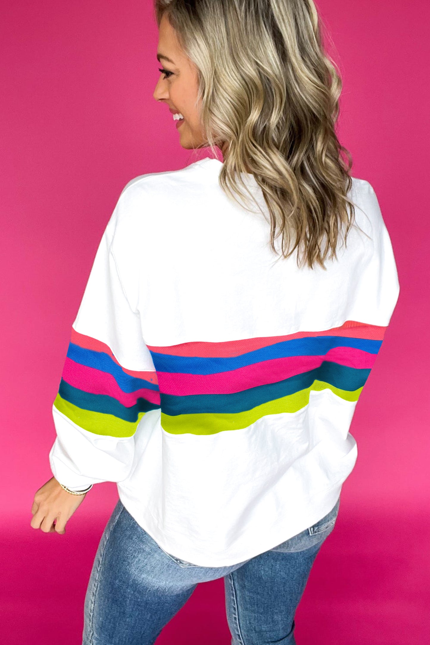 Green Colorful Striped Round Neck Long Sleeve Top