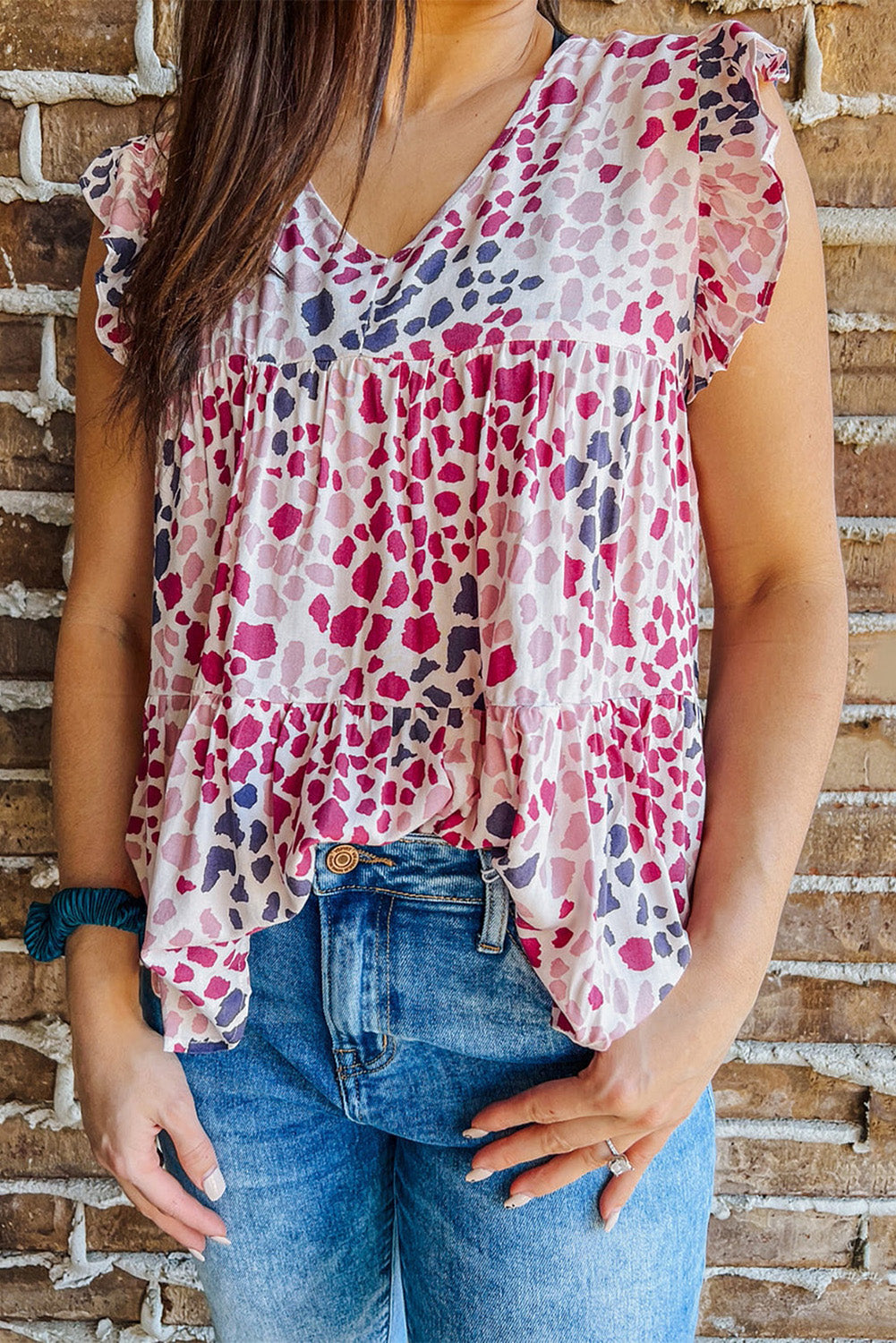 Multicolor Animal Print V Neck Sleeveless Ruffled Top