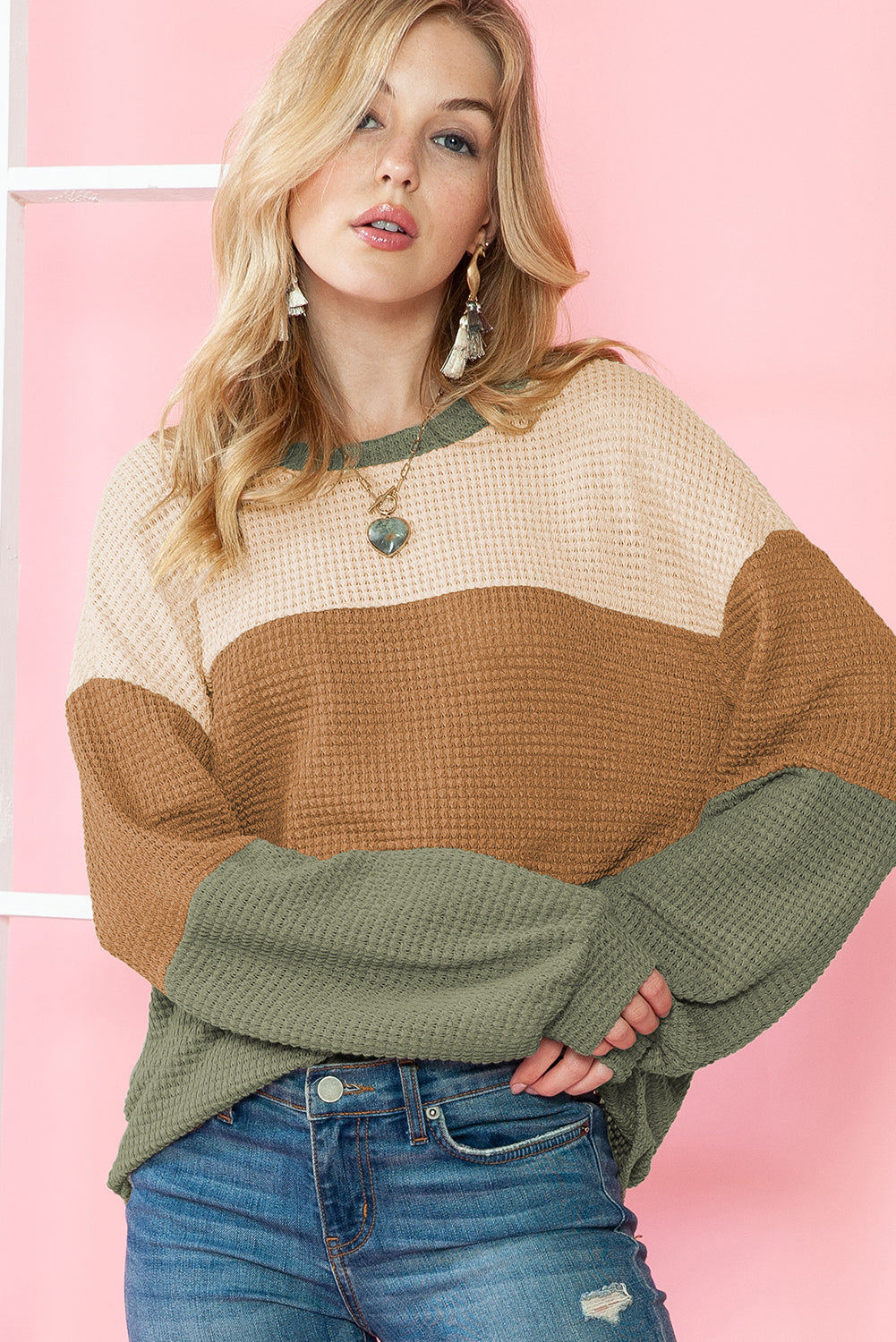 Green Knitted Color Block Drop Sleeve Baggy Top