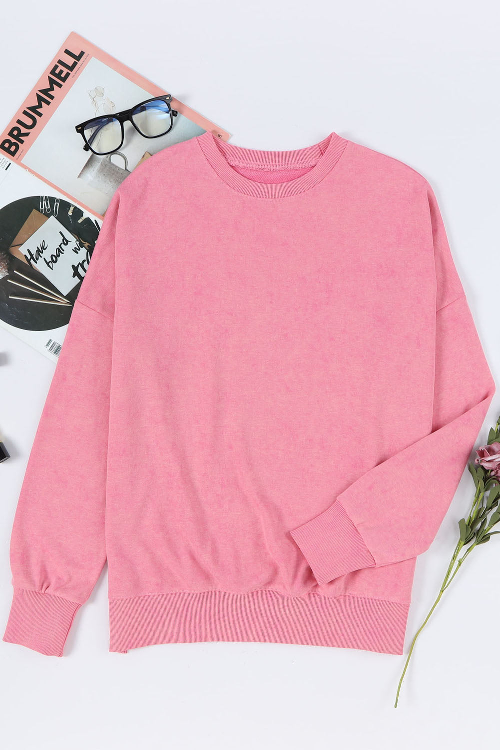 Pink Plain Drop Shoulder Trim Oversized Sweatshirt