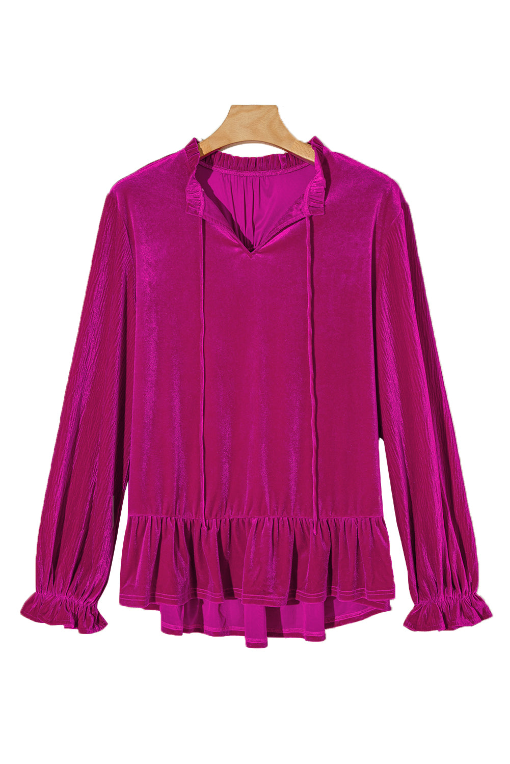 Bright Pink Plus Size Ruffled Sleeve V Neck Velvet Blouse