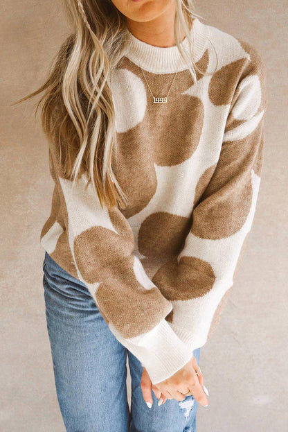 Khaki Floral Pattern Ribbed Trim Pullover Sweater