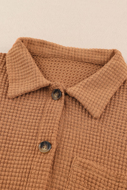 Khaki Pocket Buttons Front Waffle Knit Shacket