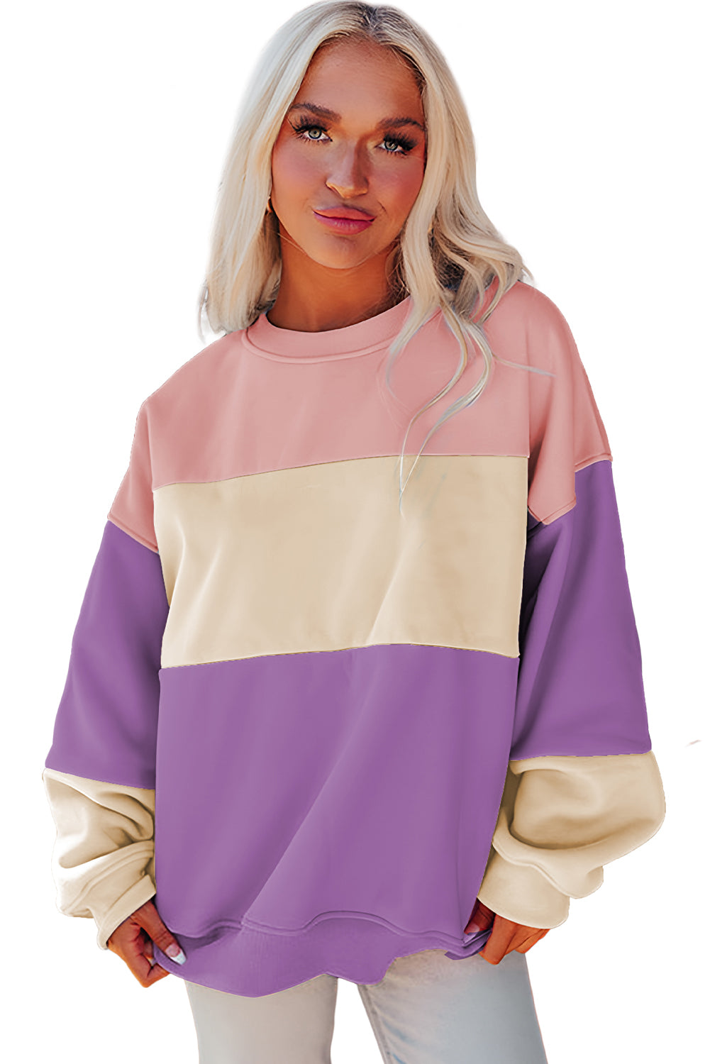 Bright Pink Colorblock Drop Shoulder Sweatshirt