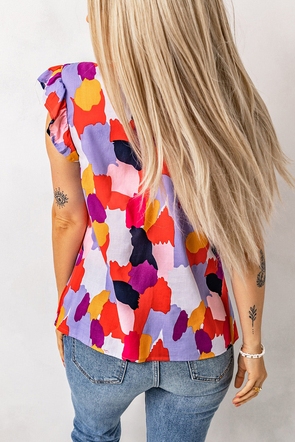 Multicolor Mock Neck Top Ruffle Sleeve Short Sleeve Blouse