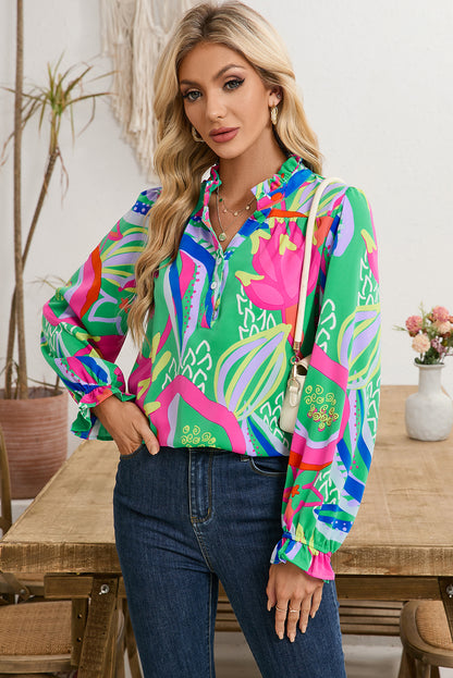 Green Abstract Print Ruffled Sleeve Buttoned V Neck Blouse