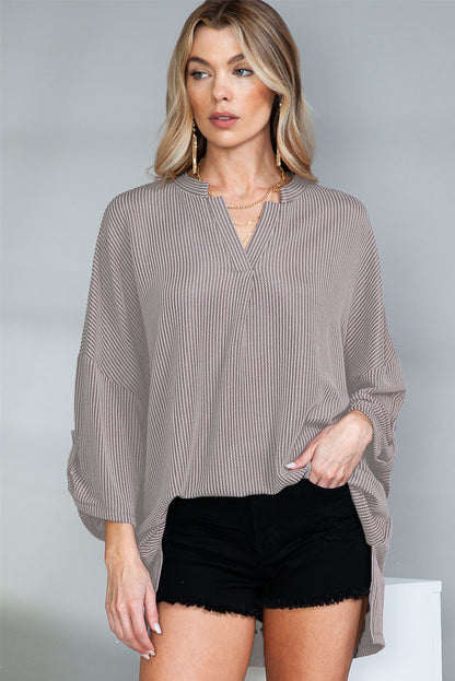 Grey V Neck Drop Sleeve Ribbed Top