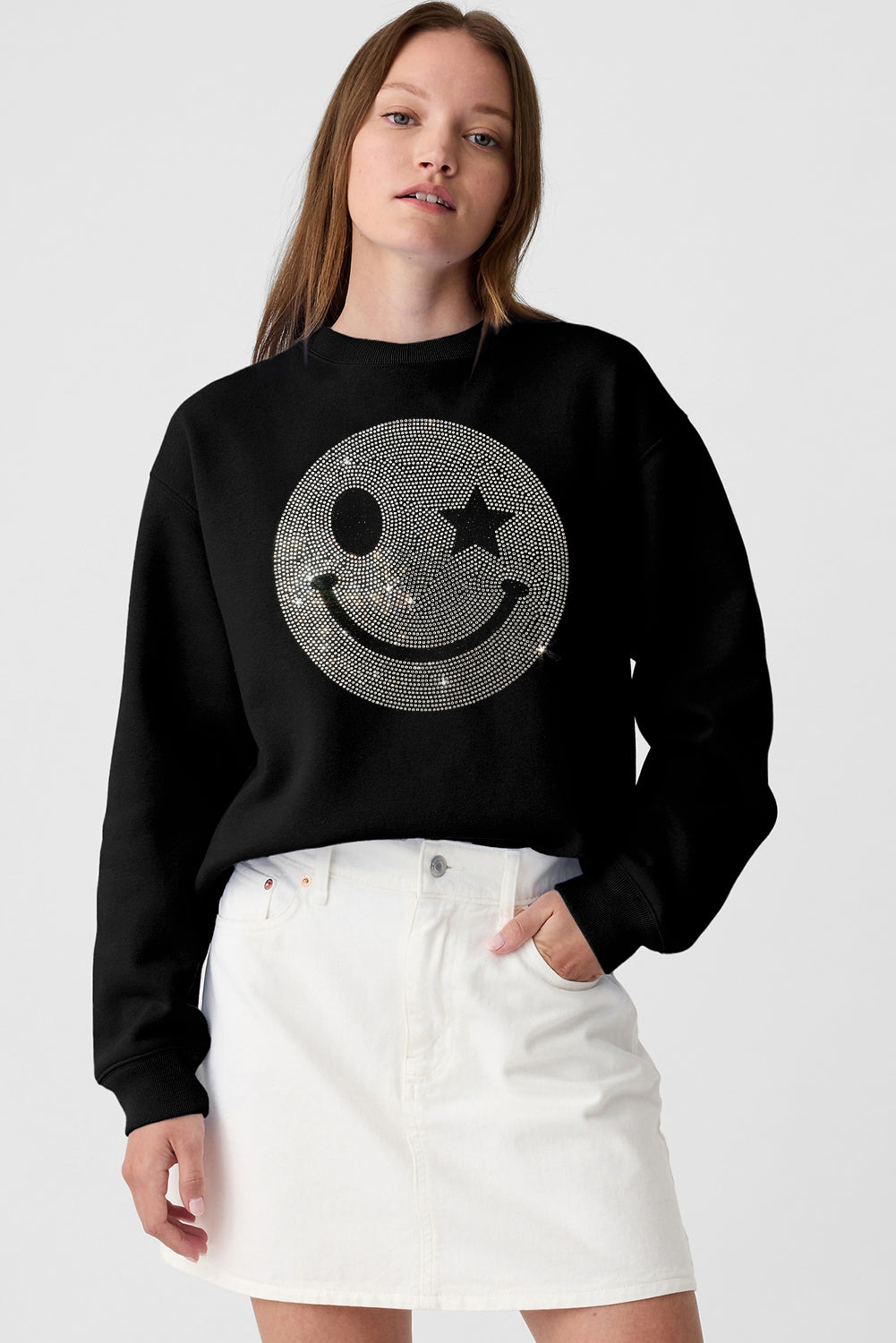 Black Rhinestoned Smile EMOJ Graphic Crew Neck Sweatshirt