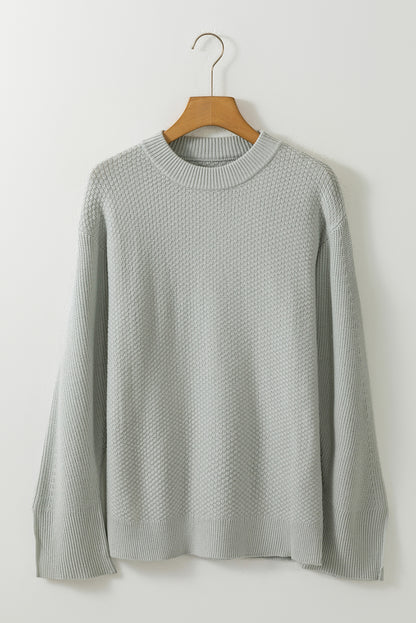 Gray Textured Knit Split Cuff Drop Shoulder Loose Sweater