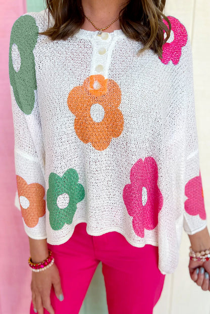 White 60s Flower Print Drop Sleeve Henley Sweater