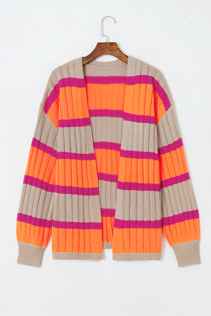 Orange Stripe Print Ribbed Knit Sweater Cardigan