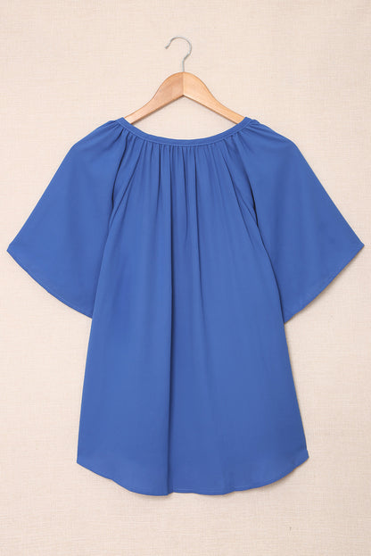 Green Casual Split Neck Pleated Loose Blouse