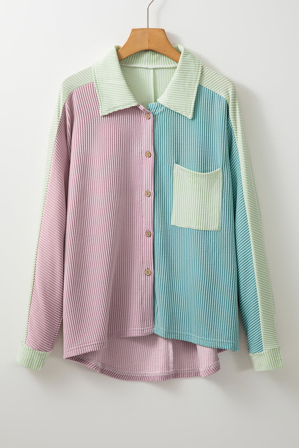 Phalaenopsis Color Block Crinkle Rib Buttoned Oversized Shirt